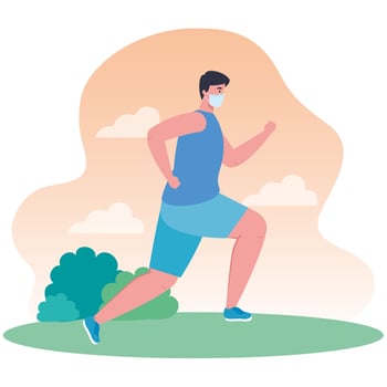 man running wearing medical mask outdoor, prevention coronavirus covid 19 vector