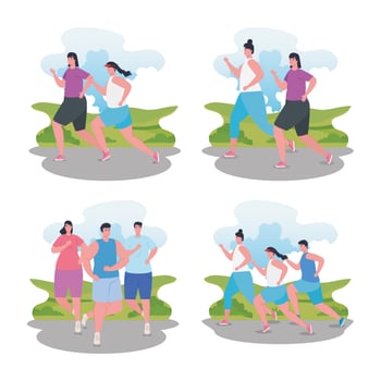 people running, group people in sportswear jogging, women and men practicing exercise vector