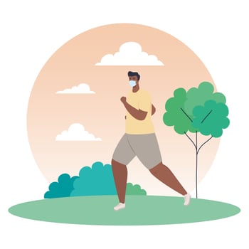 man afro running wearing medical mask outdoor, prevention coronavirus covid 19 vector