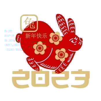 Happy Chinese new year. 2023 Zodiac sign, year of the Rabbit, with red hare, golden flowers and hierogliphs on white background. Translation- happy new year 2023, and the Rabbit. Vector simple collage