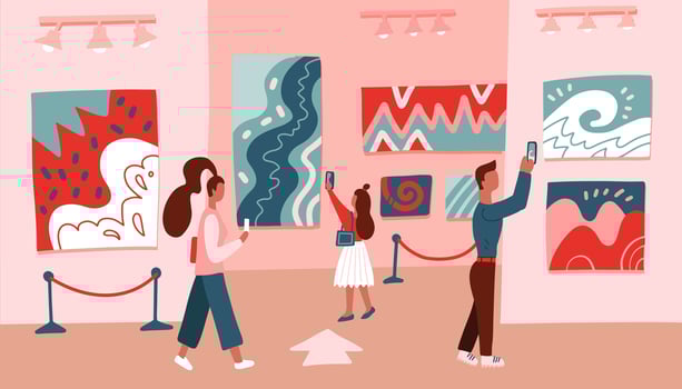 Museum visitors looking at modert abstract art painting hanging on gallery wall. People viewing museum exhibit. Exhibition visitors taking pictures on the phone paintings at contemporary art gallery. vector