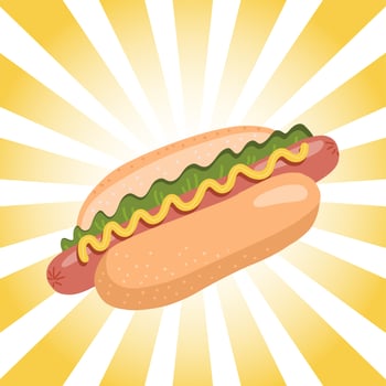 Hot Dog with mustard and lettuce on retro radial background. Vector flat illustration.