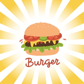 Street food lettering with burger and rays in retro style on the background. vector