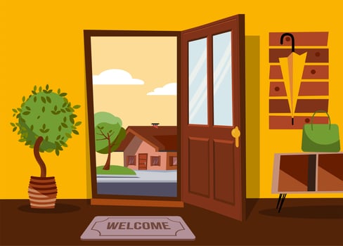 The interior of hallway in flat cartoon style with open door overlooking summer landscape with small country house and green tree.Hanger with umbrella on wall. Table with bag stands under coat rack vector