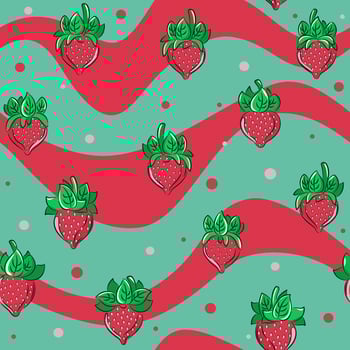 Cute, drawn kawaii strawberries seamless pattern with a wavy background. Great for Spring or Summer fabric, scrap-booking, gift-wrap, wallpaper, product design. Vector