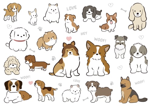 Set Of Vector Cute Cartoonish Dogs Isolated On A White Background.