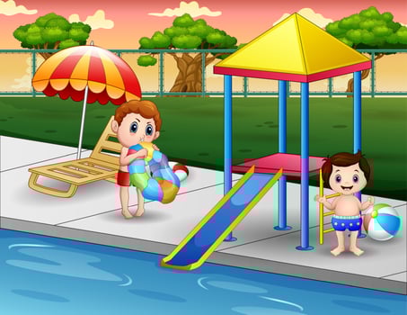Happy boys playing in an outdoor swimming pool vector
