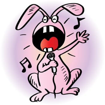Cartoon happy rabbit sings in karaoke. Animal cartoon character. vector