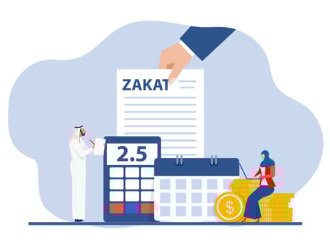 Hand gives notice pay Zaket financial,paperwork, financial research report and calculation of Zakt from profit on ramadan kareem flat vector illustrator.