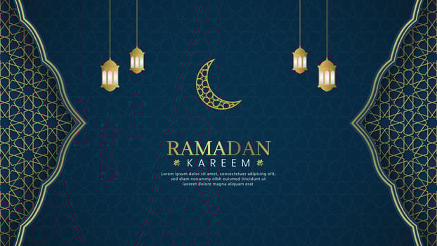 Ramadan Kareem, Islamic Arabic Blue Luxury Background with Geometric pattern and Beautiful Ornament with Lanterns vector