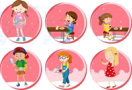 Set of Little boy and girl eating food on white background vector