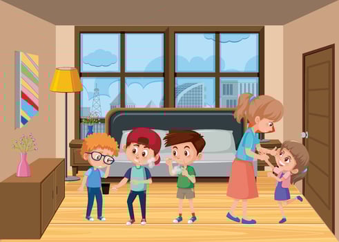 Bedroom scene with family members vector