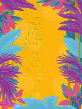 Poster template, vertical. Vector illustration of floral botanical colorful frame. Cartoon-style tree branches and leaves. Tropical, jungle. Poster for kids.
