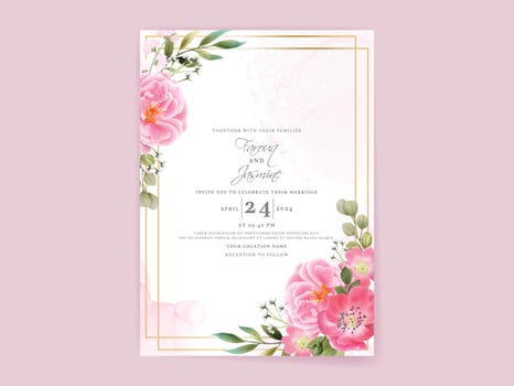 wedding invitation card set with beautiful pink flowers design vector