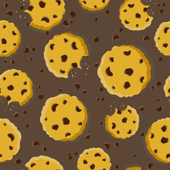 Chocolate chip sugar cookies seamless pattern. Cute food texture. Sweet pastry vector background. Flat design illustration.