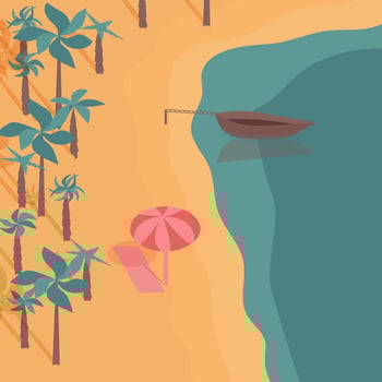 Beautiful sea landscape with palms. sun umbrella and boat vector illustration