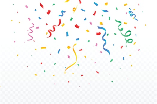 Confetti illustration for the festival background. Colorful party ribbon and confetti falling. Golden confetti isolated on transparent background. Carnival elements. Birthday celebration. vector