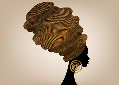 portrait beautiful African woman in traditional turban handmade tribal African Kente head wrap with ethnic gold earrings, black women Afro curly hair, vector silhouette isolated on vintage background