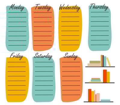 Vector spring glider design for recording daily chores with flower stickers, bookshelf. Planner chores, readings, notes, important dates. Hello spring, bouquet, letter, box flower, delicate colors.