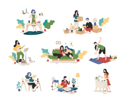 A collection of young men and women spends the weekend at home - gathering things, playing the guitar, surfing the Internet, doing the dishes, preparing. Color illustrations in flat cartoon style. vector