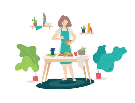 Illustration of a girl in an apron cooking in the kitchen. Vector. Flat cartoon style. Woman at cooking. Homemade healthy food. Healthy lifestyle. Cooking lessons. Poster, banner. vector