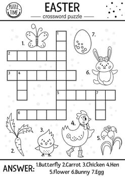Vector black and white Easter crossword puzzle for kids. Simple spring quiz with holiday objects and animals for children. Activity or coloring page with traditional symbols and garden theme