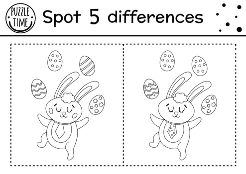 Easter find differences game for children. Holiday black and white educational activity and coloring page with funny bunny juggling the eggs. Spring seasonal printable worksheet with cute character. vector