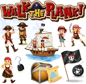 Set of pirate cartoon characters and objects vector