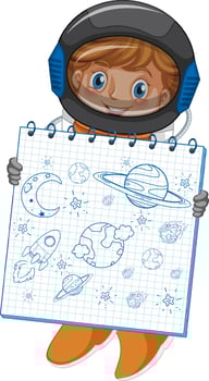 An astronaut holding notebook with a doodle sketch design on white background vector