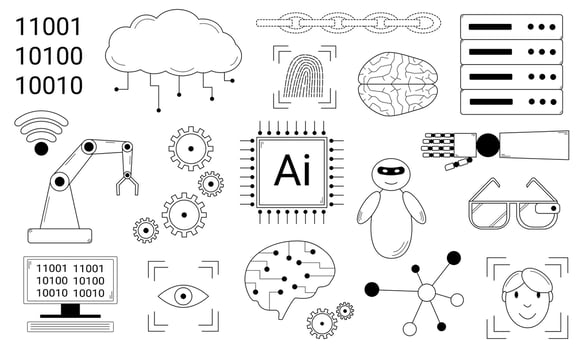 Hand drawn set of illustrations about artificial intelligence. Modern technologies introduced into human life. vector
