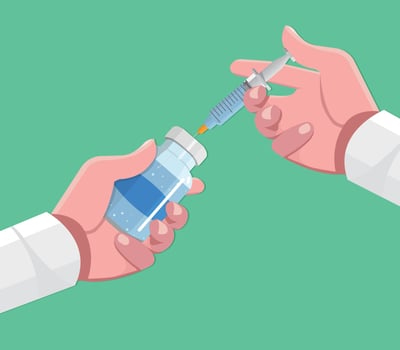 Ampoule and syringe with medicine in hand. vector