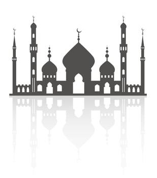 Mosque with minarets on skyline. Islamic architecture silhouette. Istanbul cityscape with reflection isolated on white background. vector