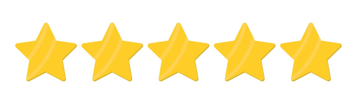 Five stars customer product rating review modern icon for apps and websites. Yellow five stars quality rating icon isolated on white. Vector illustration.