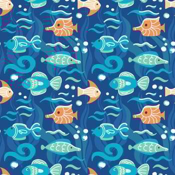 Colorful small fish swimming on the seabed surrounded by algae and bubbles seamless pattern vector