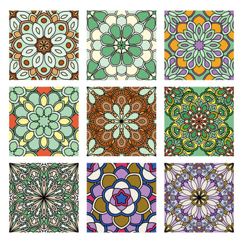 Set of abstract seamless pattern with mandala flowers. Mosaic, tile, polka dot. Floral backgrounds collection. vector