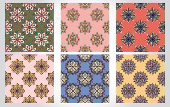 Set of abstract seamless pattern with mandala flowers. Mosaic, tile, polka dot collection of floral backgrounds. vector