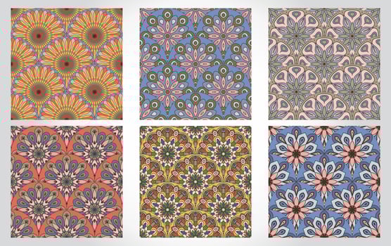 Set of abstract mandala fish scale seamless patterns. Ornamental tile, mosaic backgrounds. Floral patchwork infinity cards. Arabic, Indian, ottoman motifs. vector