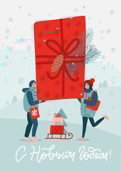 Small people carrying and dragging big red gift box with floral decoradet ribbon - funny colorful flat vector isolated illustration with Russian lettering translation - Happy new year