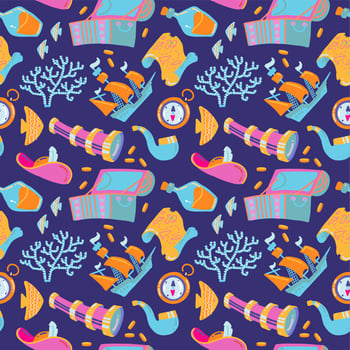 Cartoon hand-drawn nautical marine seamless pattern. Colorful detailed,with lots of objects funny vector background. Treasure chest compass map spyglass bottle of rum signs flat hand drawn kid concept