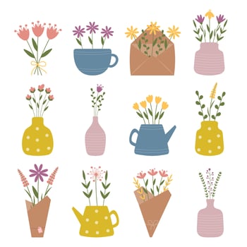 Spring garden flowers, bouquets in vase, pot, ceramic cup and paper. Hand Drawn Floral Element. Happy women's day March 8 collection. Botanical floral set of bouquets for wedding cards, invitation. vector