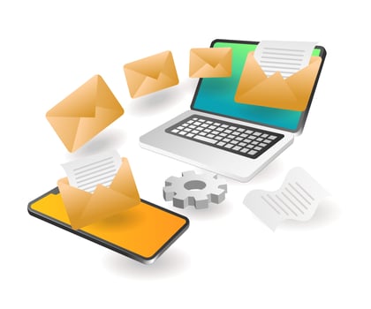 Flat isometric concept illustration. send email data from smartphone to computer vector