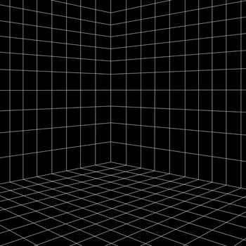 Grid room in perspective, vector illustration in 3d style. Indoor wireframe from lines, template interior square, digital empty box. Abstract geometric design background