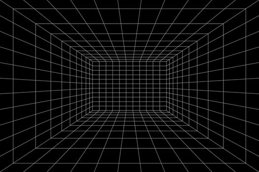 Grid room in perspective, vector illustration in 3d style. Indoor wireframe from white lines, template interior square, digital empty box. Abstract geometric design background