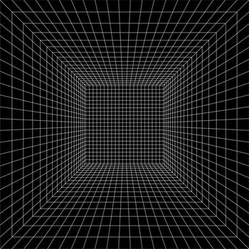 Grid room in perspective, vector illustration in 3d style. Indoor wireframe from white lines, template interior square, digital empty box. Abstract geometric design background