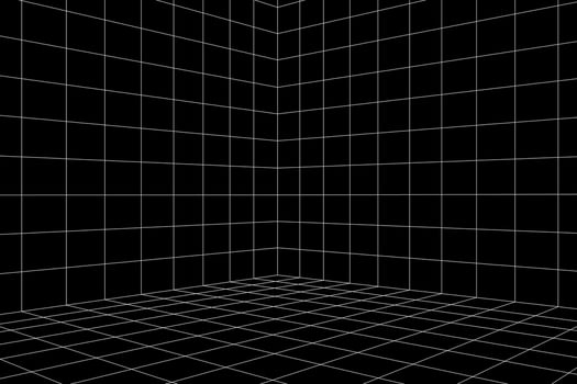 Grid room in perspective, vector illustration in 3d style. Indoor wireframe from lines, template interior square, digital empty box. Abstract geometric design background