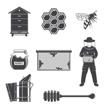 Set of beekeeping Equipment silhouette icons. Vector. Set include beekeeper, bee, beehive, bee smoker, honeycombs, propolis, dipper. Equipment icons for honey bee farm business. vector