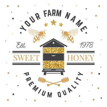 Honey farm badge. Vector. Concept for shirt, print, stamp or tee. Vintage typography design with bee, hive and honey dipper silhouette. Retro design for honey bee farm business vector