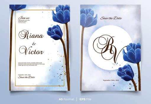 Watercolor wedding invitation with blue flower vector
