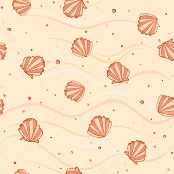 Cute, scallop seashells on beach sand with pebbles seamless pattern. Great for Spring or Summer fabric, scrap-booking, gift-wrap, wallpaper, product design product design. Surface design. Vector