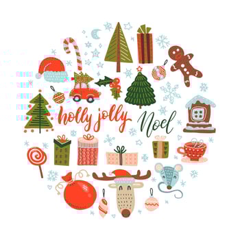Flat color Doodle vector Christmas design elements. Hand drawn illustration gift, hat, deer, mittens, snowflakes. Round background for greeting card, poster